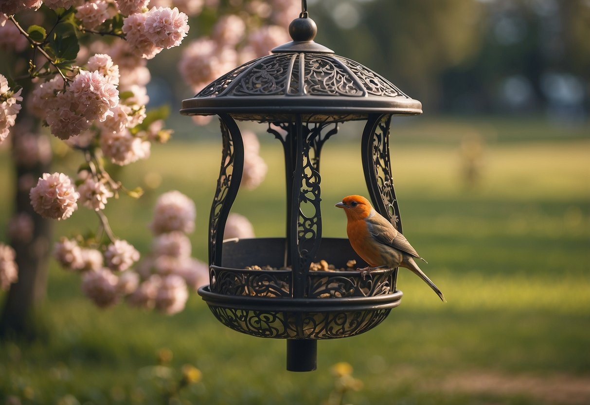 A bird feeder hangs from a tree, engraved with intricate floral patterns. Surrounding it are blooming flowers and chirping birds