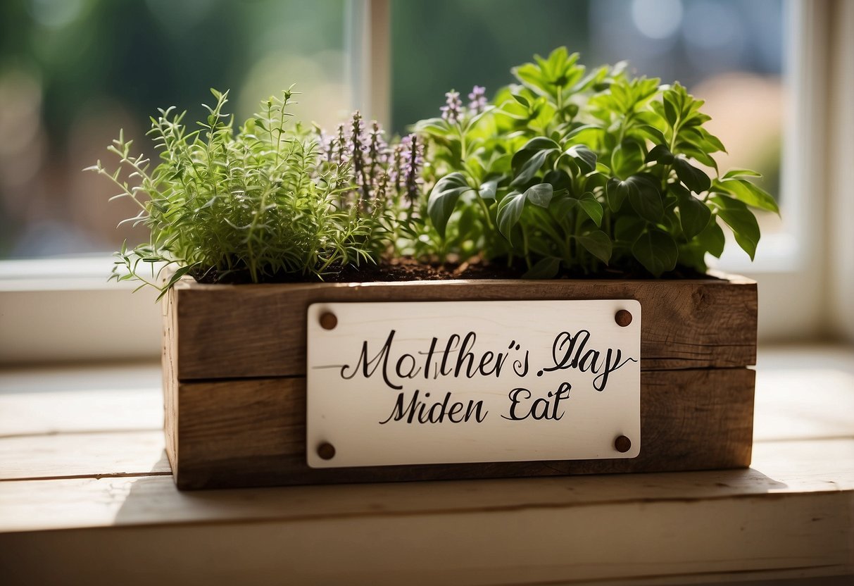 A rustic herb planter made of reclaimed wood, filled with aromatic herbs, sits on a sunny windowsill. A small sign reads "Mother's Day Garden Gift Ideas."