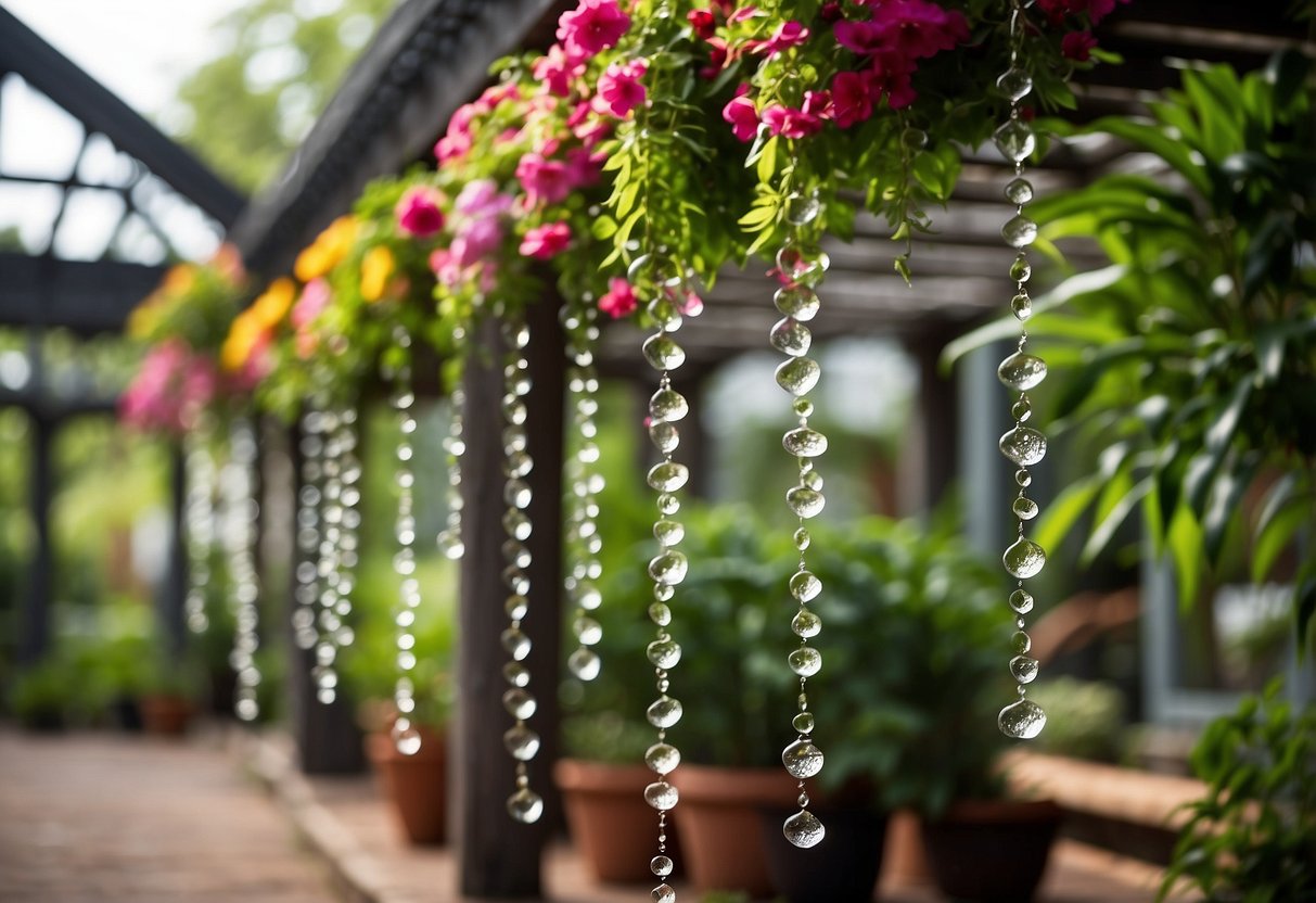 A rain chain hangs from a pergola, water trickling down into a lush garden. Pots of blooming flowers and greenery surround the area, creating a peaceful and serene atmosphere