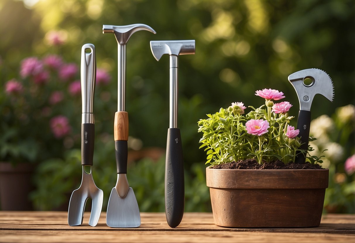 A personalized garden tool set sits on a wooden table, surrounded by blooming flowers and lush greenery. The sun shines down, casting a warm glow on the collection of tools, making it a perfect garden gift idea for him