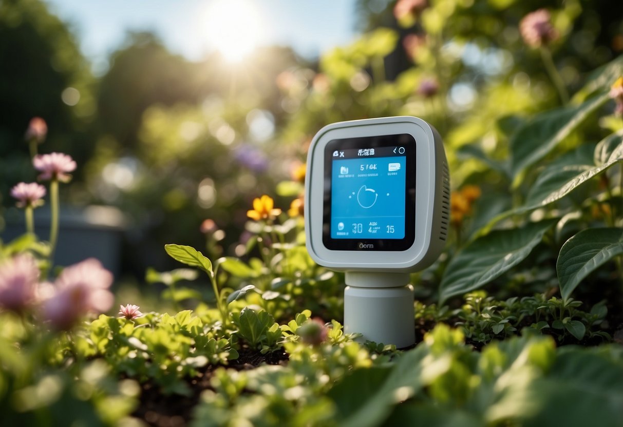 A smart plant sensor is placed in a vibrant garden setting, surrounded by lush greenery and blooming flowers, with a clear blue sky above