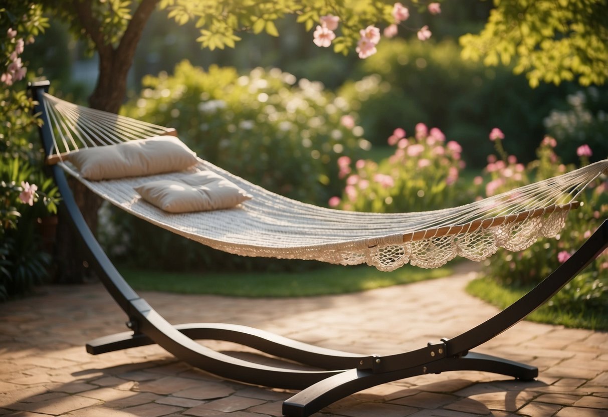 A hammock with a stand is set up in a lush garden, surrounded by blooming flowers and greenery. The sun is shining, and a gentle breeze sways the hammock back and forth