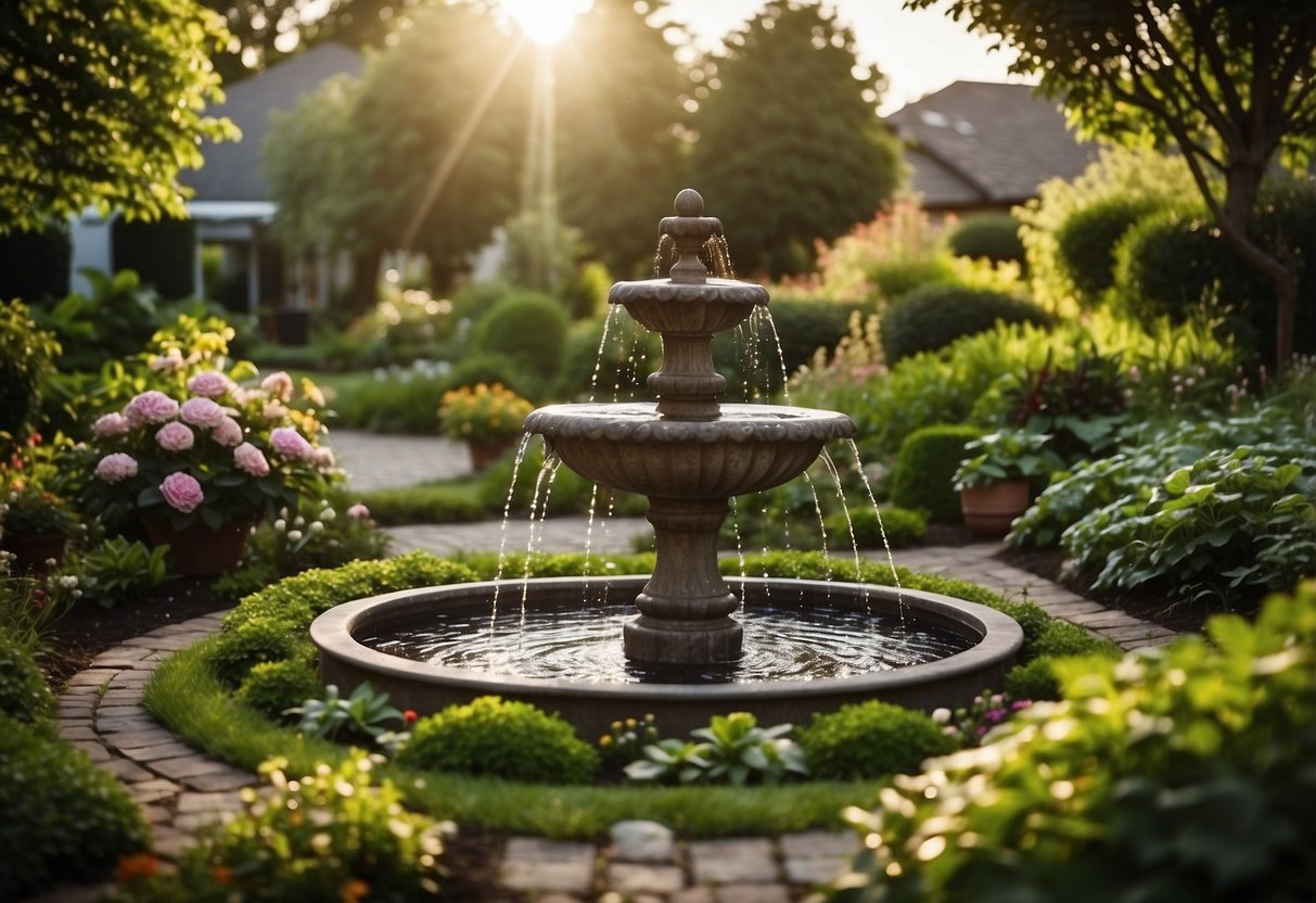 A lush garden with a solar-powered fountain as the centerpiece. Surrounding it are various garden gift items for him, such as decorative planters, gardening tools, and outdoor seating