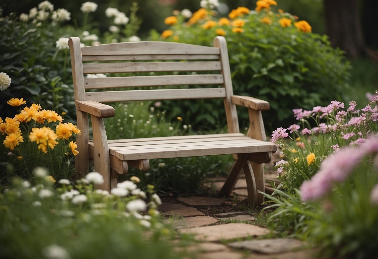 A garden kneeler and seat placed on lush green grass surrounded by blooming flowers and gardening tools