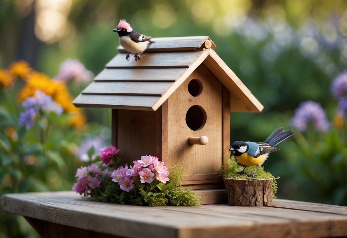 A birdhouse kit sits on a wooden table in a lush garden, surrounded by blooming flowers and chirping birds