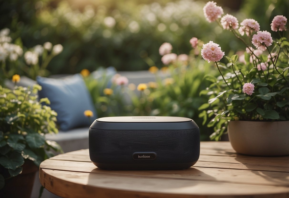 A lush garden with a cozy seating area, where an outdoor Bluetooth speaker is placed on a table surrounded by blooming flowers and greenery