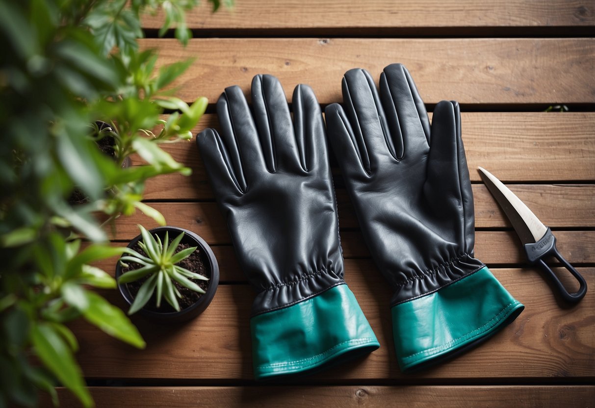 A pair of gardening gloves with sharp, metallic claws, resting on a wooden table surrounded by potted plants and gardening tools