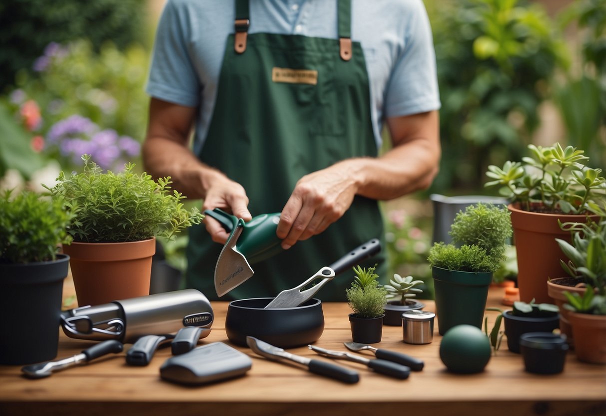 A man receiving a personalized garden tool set, with his name engraved on the handle, surrounded by various gardening accessories and plants