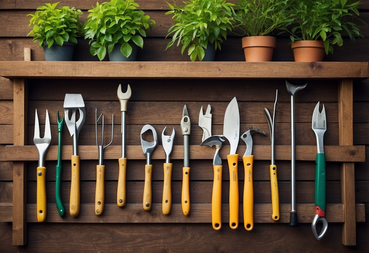 A collection of practical garden tools displayed on a wooden table, with a variety of tools such as shovels, rakes, and pruners arranged neatly