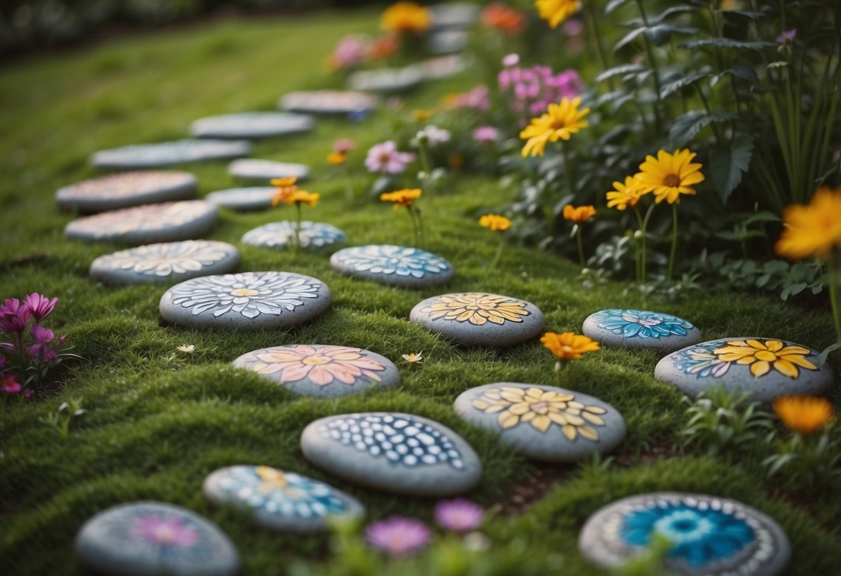 Vibrant garden stepping stones arranged in a lush, blooming garden, each hand-painted with intricate designs and patterns