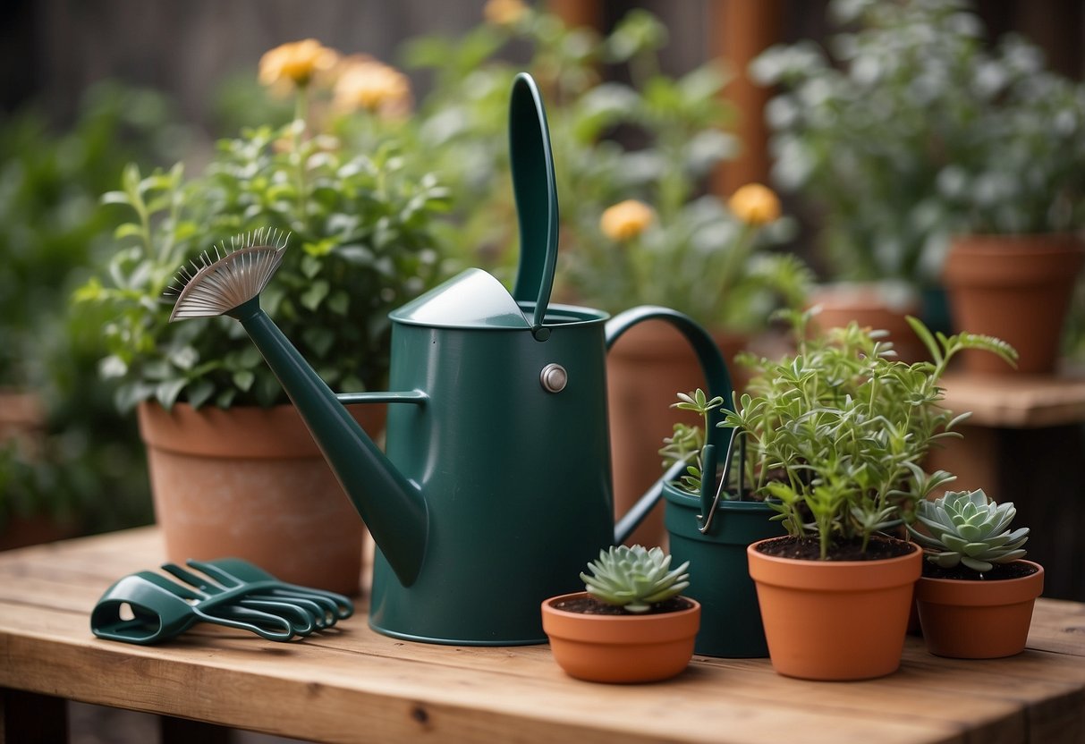 A customized gardening tool set arranged on a wooden table with potted plants and a watering can in the background