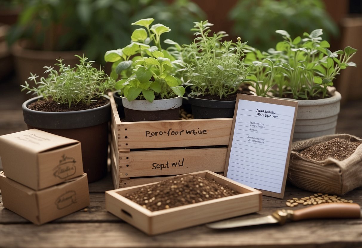 A wooden crate filled with soil and small pots, surrounded by packets of herb seeds, gardening tools, and a handwritten instruction booklet