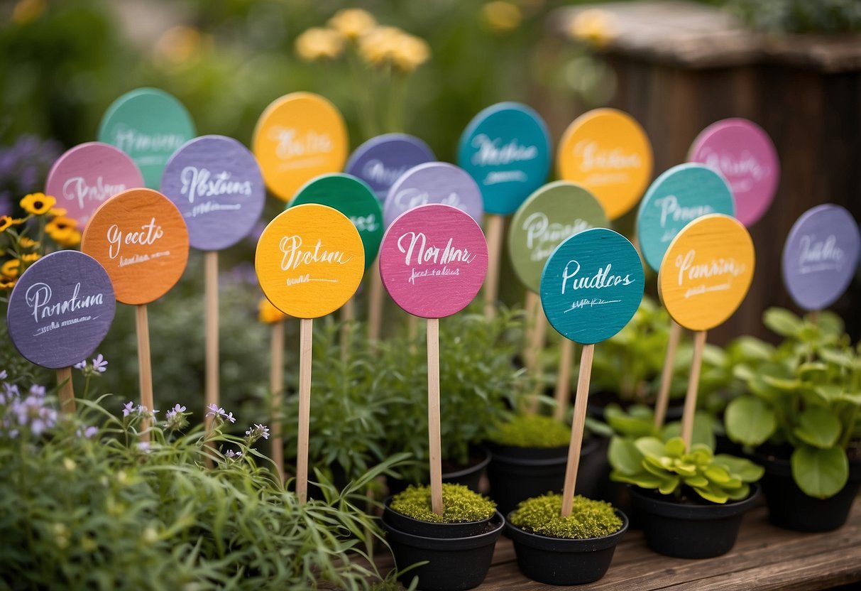 Colorful custom plant markers arranged in a rustic garden setting, with hand-painted designs and labels for various herbs and flowers