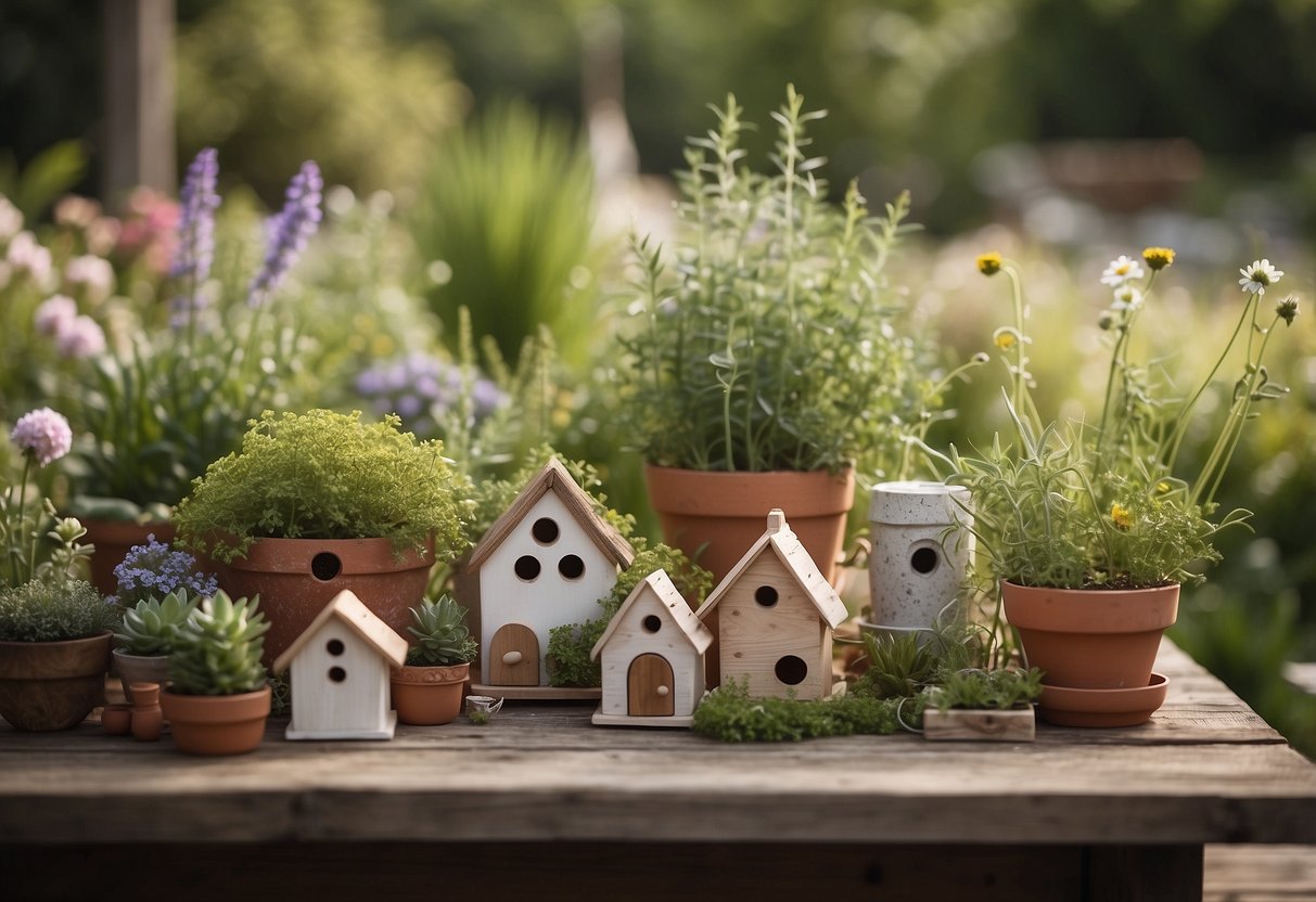 Lush garden with handmade planters, birdhouses, and herb markers. A cozy outdoor setting with DIY garden gifts displayed on a rustic table