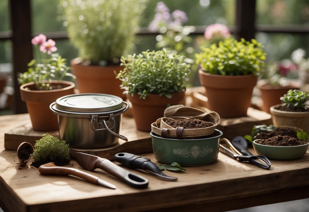 A table with gardening tools, pots, soil, and plants. Ribbons, labels, and decorative paper are scattered around. A finished gift basket sits nearby