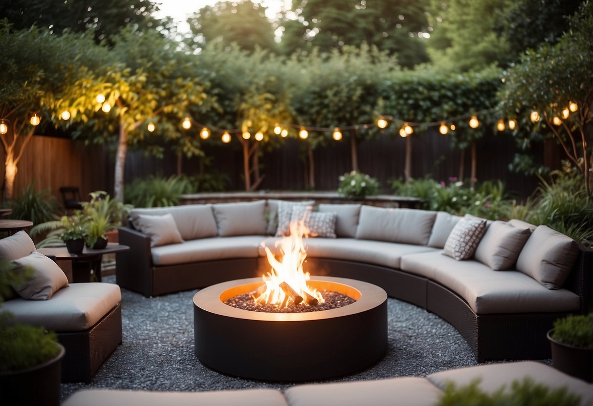 A cozy fire pit area in a spacious backyard garden, surrounded by comfortable lounge furniture and lush greenery