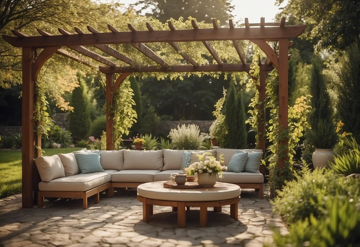 A pergola stands in a lush garden, surrounded by comfortable seating. The backdrop is a spacious backyard, with plenty of room for entertaining and relaxation