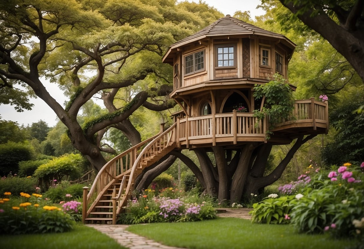 A treehouse stands tall in a lush garden, surrounded by colorful flowers and winding paths. The backyard is spacious, with plenty of room for children to play and explore