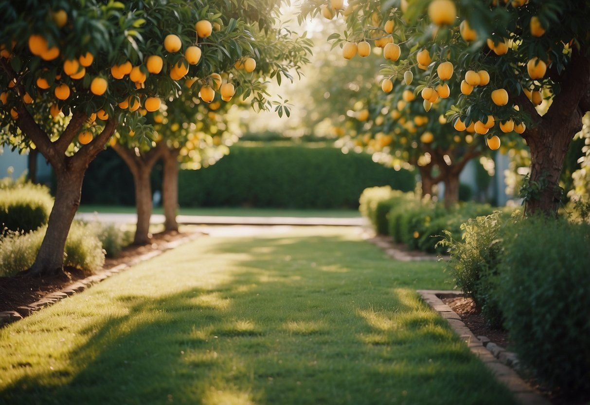 Lush orchard with various fruit trees, surrounded by a well-maintained garden in a spacious backyard