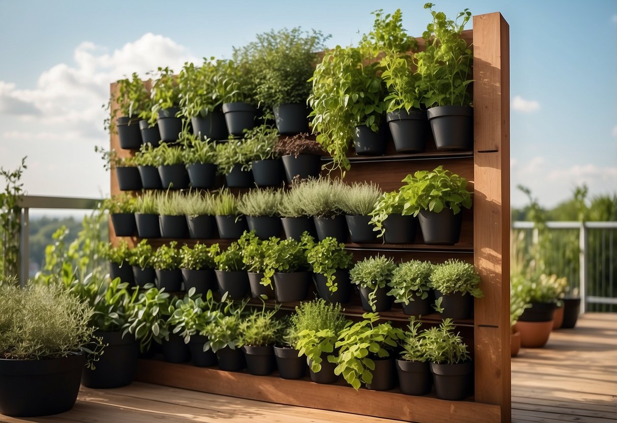 A vertical herb garden on a terrace, with cascading greenery and pots of aromatic plants against a backdrop of a sunny sky