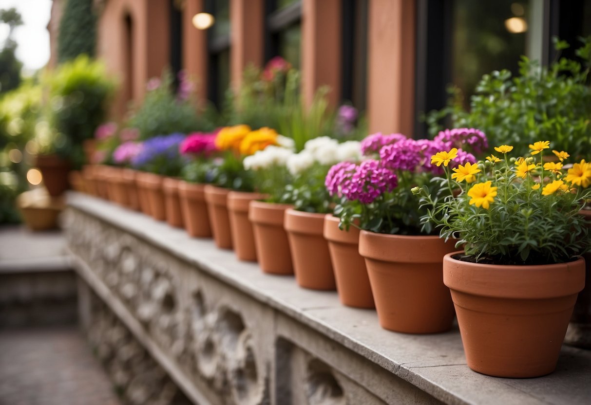 A variety of terracotta pots arranged on a garden terrace, filled with colorful flowers and greenery, creating a beautiful and vibrant outdoor display