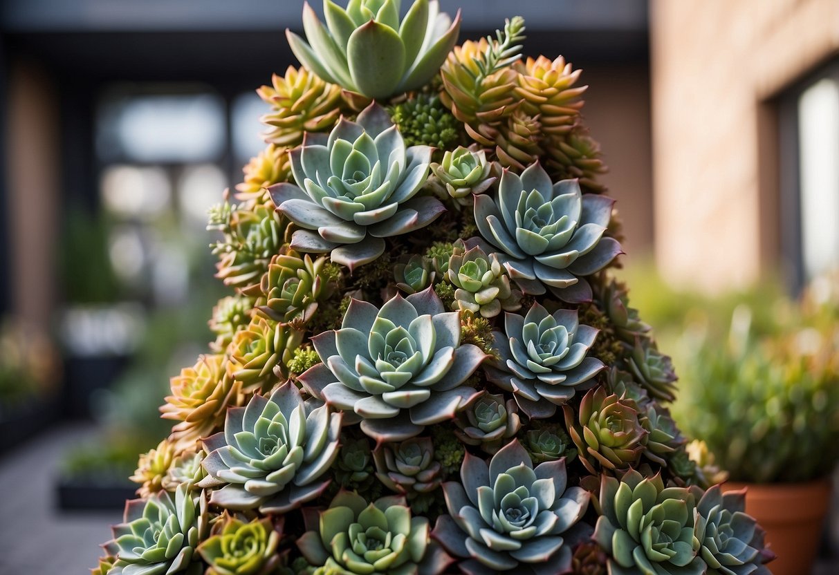 A tall tower of succulents arranged on a terrace, creating a stunning display of garden ideas