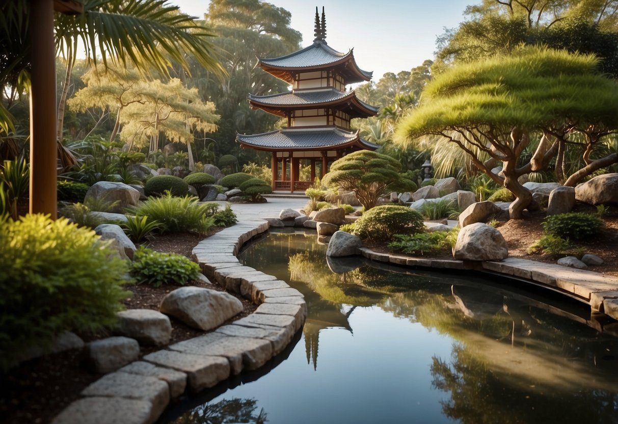 A serene Zen garden with raked gravel, stepping stones, bonsai trees, and a tranquil pond with koi fish. Tall bamboo and a pagoda structure complete the peaceful Florida garden scene