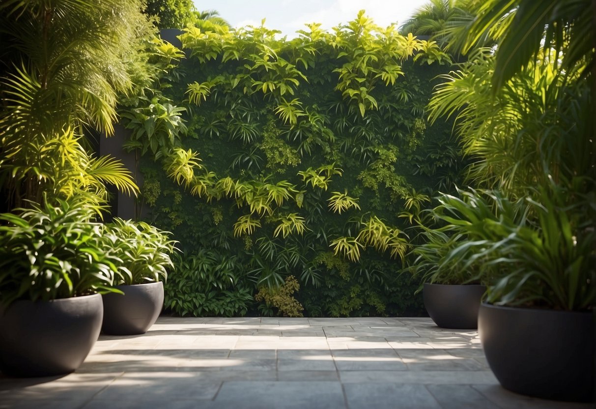 Lush green plants cover a vertical wall in a sunny Florida garden, creating a vibrant and natural living artwork