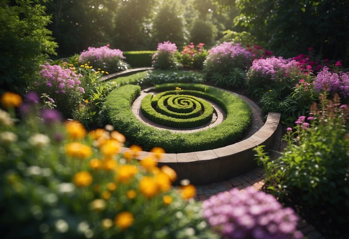 A lush herb spiral garden in Florida, with a variety of fragrant and colorful herbs cascading down the spiral structure, surrounded by vibrant flowers and lush green foliage