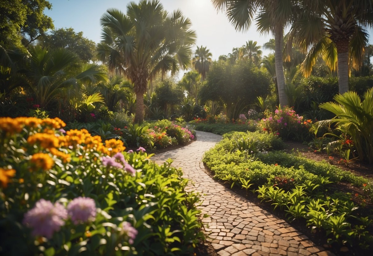 A lush Florida garden filled with fruit trees, colorful edible plants, and winding pathways, surrounded by vibrant flowers and buzzing pollinators