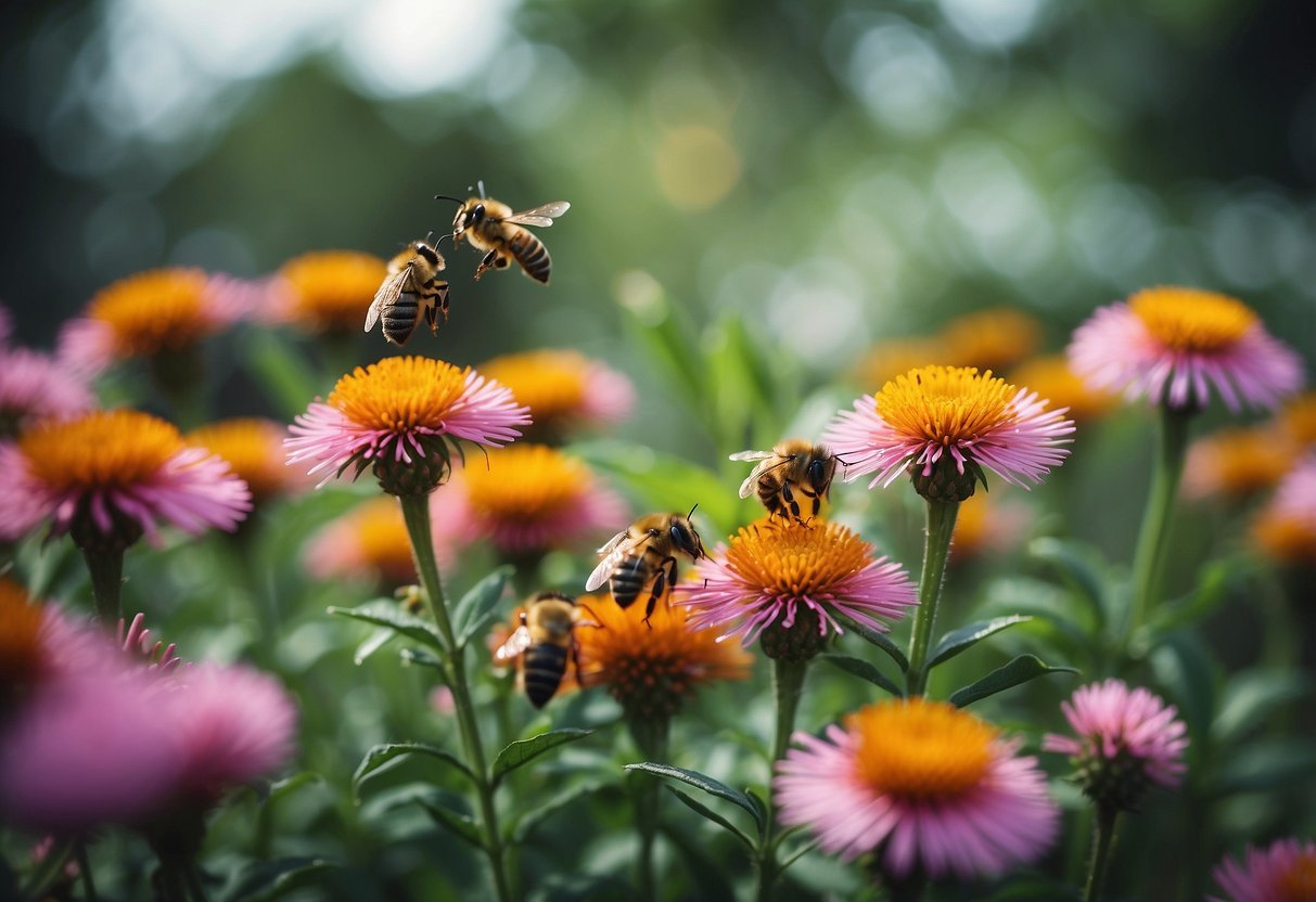 A colorful garden filled with native Florida flowers, surrounded by lush green foliage and buzzing with bees and butterflies