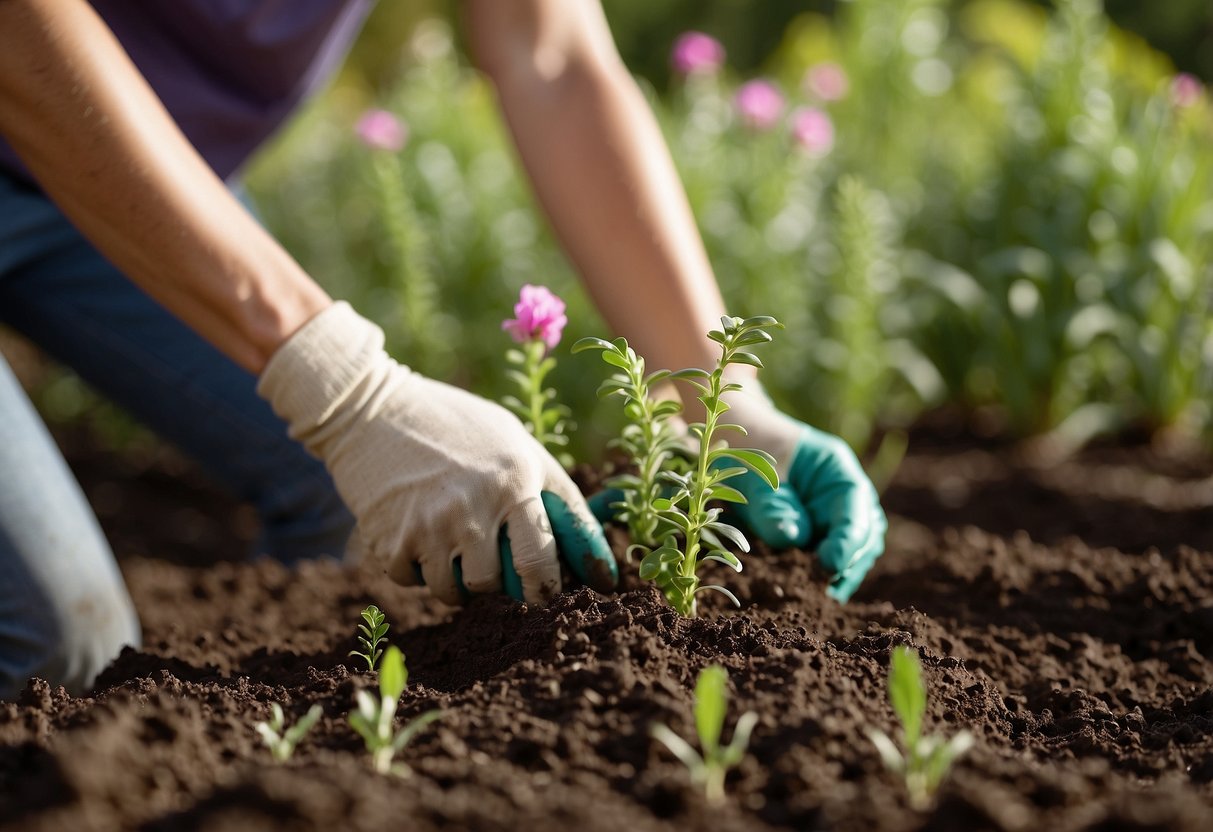 Hands rake soil in garden bed, creating neat rows for snapdragons. Mulch and fertilizer nearby