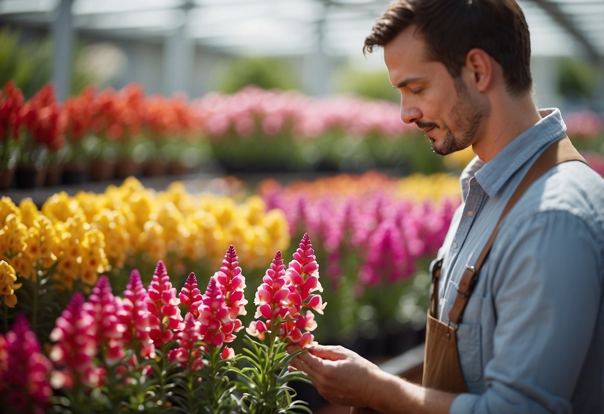 A gardener carefully chooses vibrant snapdragon varieties from a colorful display at a garden center