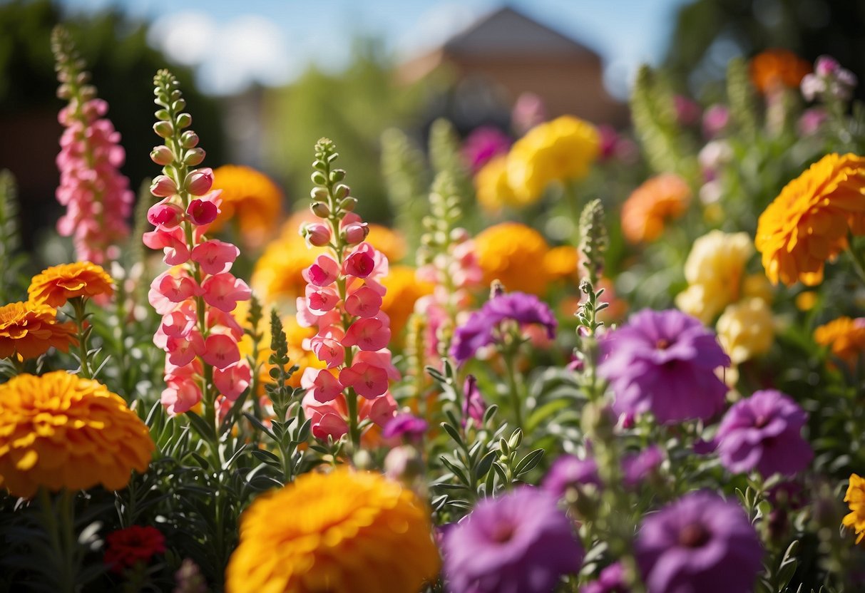 Vibrant snapdragons surrounded by marigolds, petunias, and daisies in a sun-drenched garden bed. Tall, spiky snapdragons stand out among the colorful companions