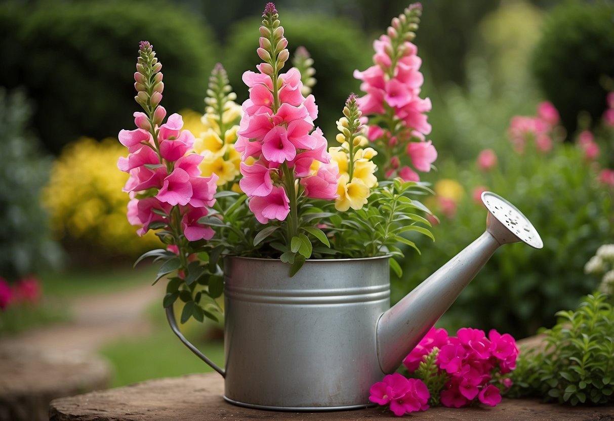 Lush snapdragons in a well-tended garden, receiving a gentle watering from a watering can. Surrounding plants and flowers complement the vibrant snapdragons