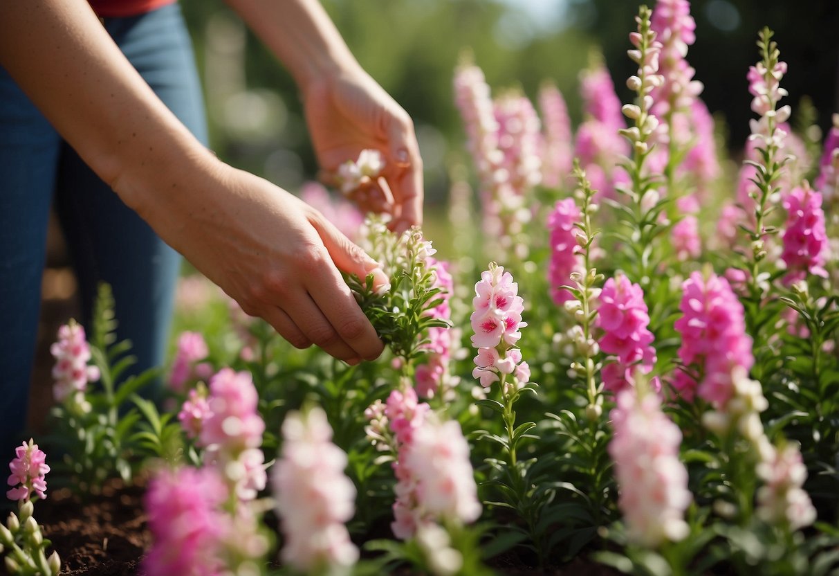 A person sprinkles fertilizer around blooming snapdragons in a well-maintained garden