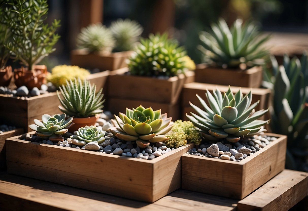 Three-tiered planter boxes arranged with succulents, cacti, and small rocks. Sunlight filters through the greenery, casting shadows on the wooden boxes