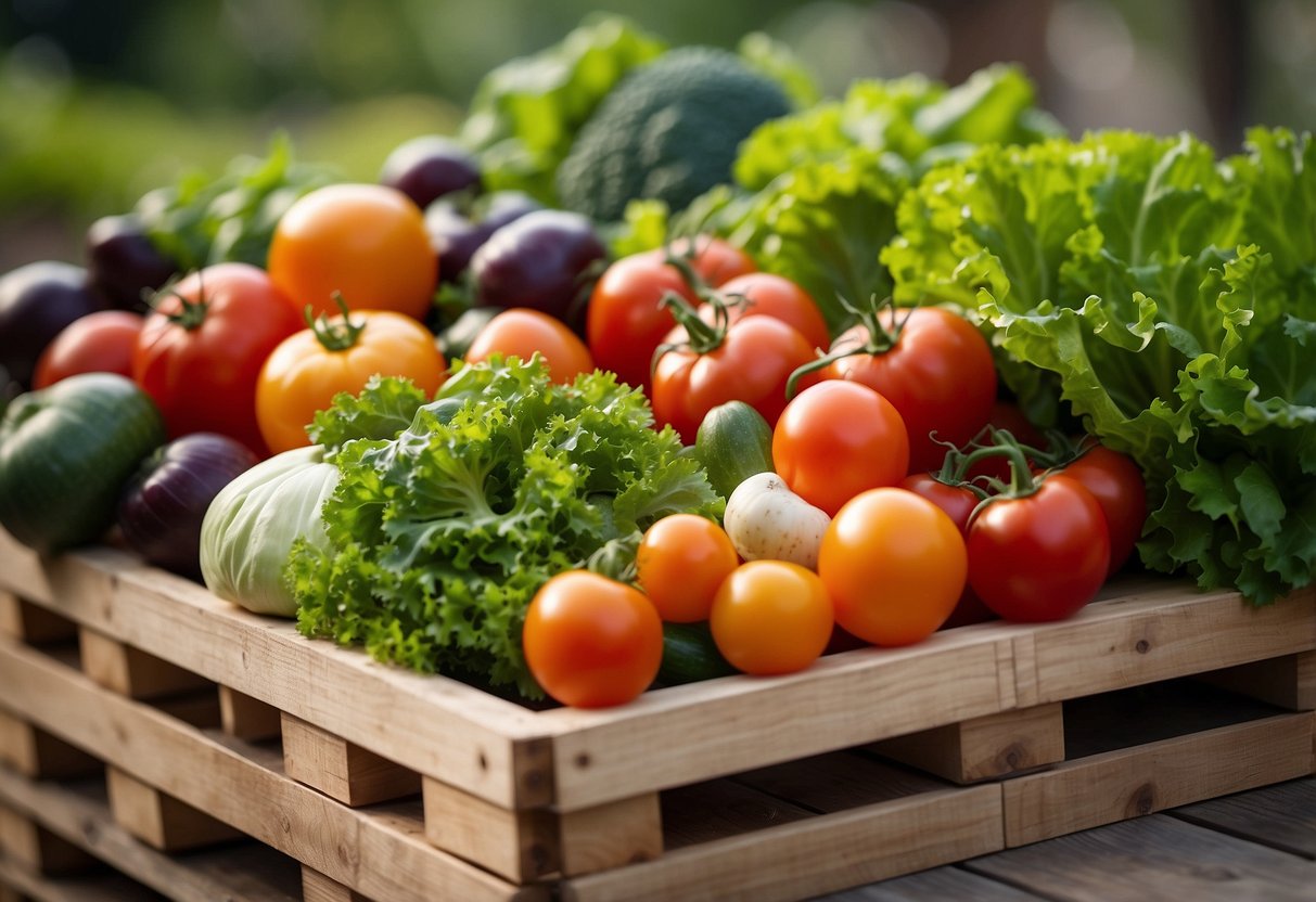 A wooden pallet filled with a variety of colorful vegetables, such as tomatoes, carrots, and lettuce, arranged in a neat and organized manner