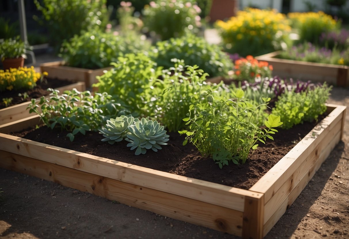 A raised bed garden filled with various easy-to-care-for plants and herbs, arranged in an organized and visually appealing manner