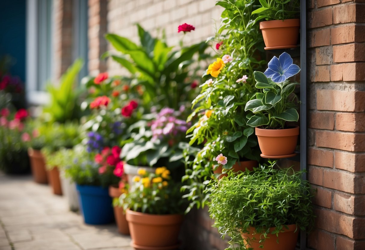 A vertical wall planter filled with a variety of lush green plants and colorful flowers, creating a beautiful and vibrant dish garden display