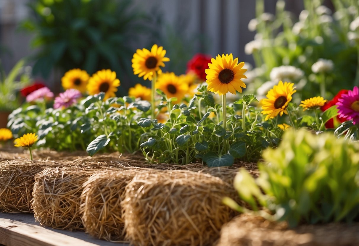 A straw bale garden sits in a sunny backyard, filled with vibrant green plants and colorful flowers. The bales are arranged in a neat row, surrounded by a variety of easy-to-care-for dish garden ideas