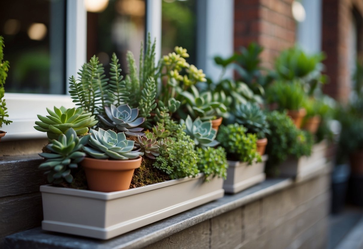 A window box planter filled with a variety of small plants, including succulents and herbs, arranged in an organized and visually appealing manner