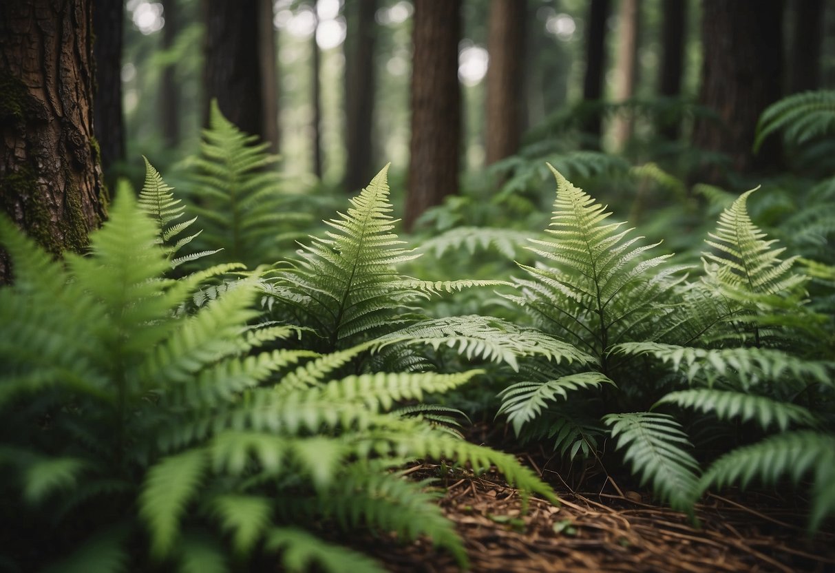 Lush ferns grow beneath tall pine trees in a shaded garden