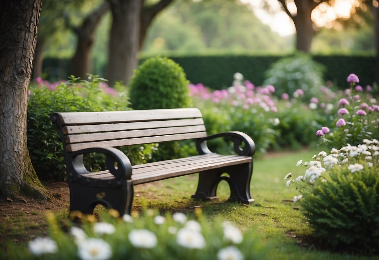 Garden benches sit under pine trees, surrounded by greenery and flowers