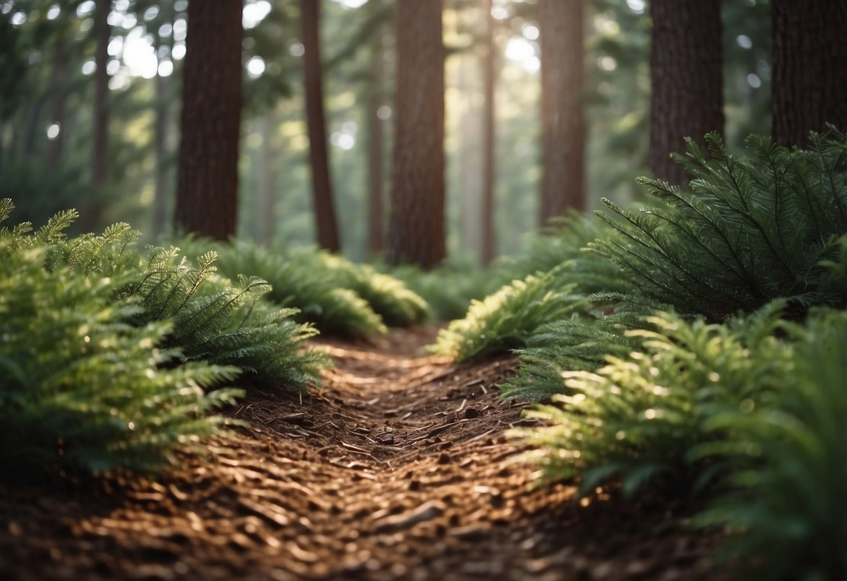 Mulch paths wind through a lush garden under tall pine trees