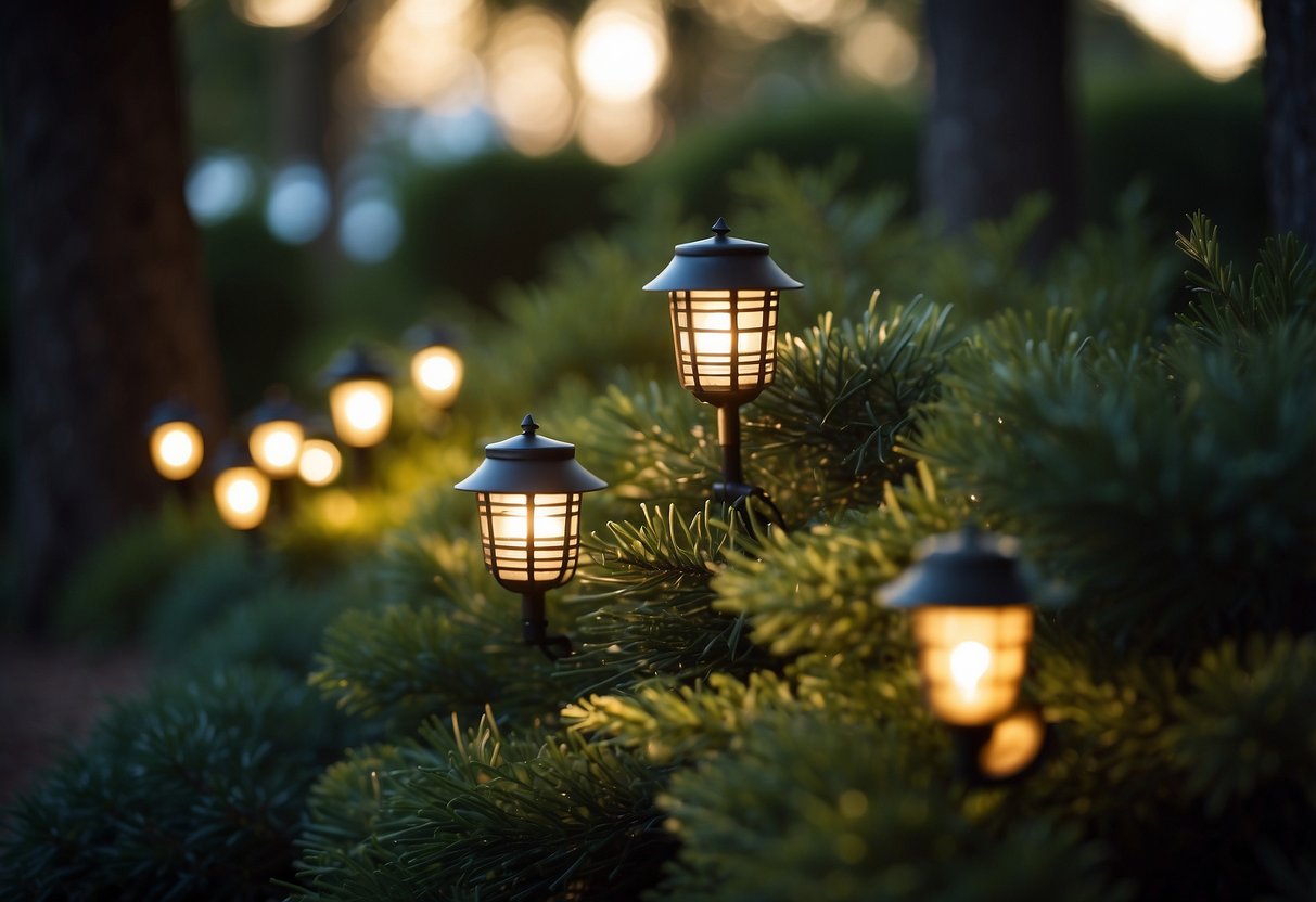 Illuminate garden under pine trees with soft lighting. Position lights to highlight foliage and create a warm, inviting atmosphere