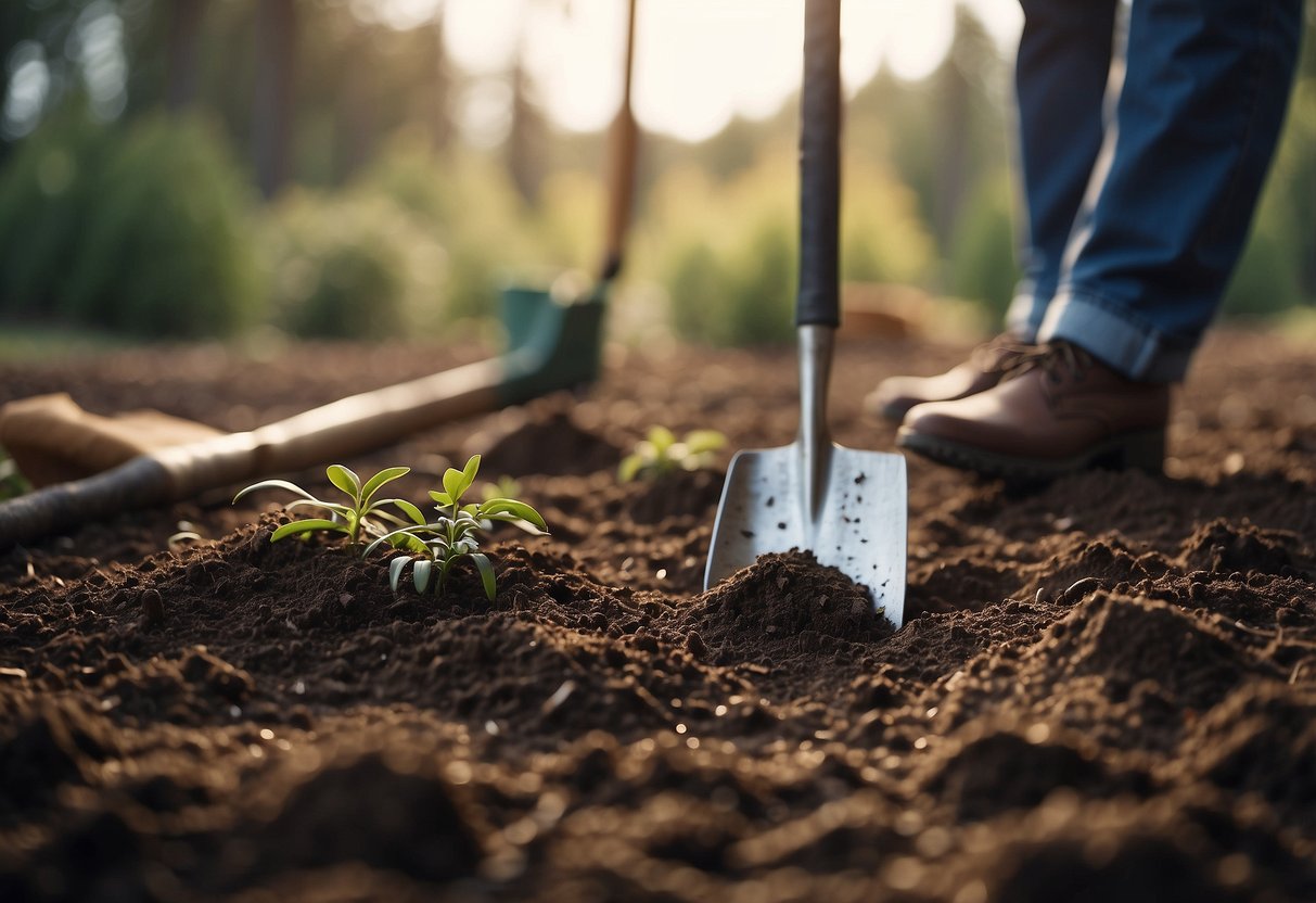 Rich soil being tilled under pine trees, with garden tools and seed packets nearby