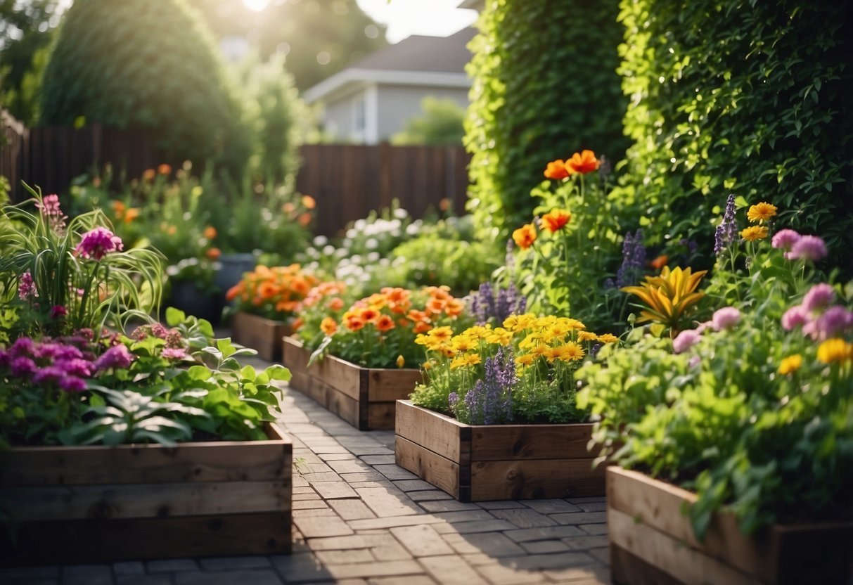 A small backyard garden with tiered raised beds, filled with a variety of colorful flowers and lush green plants, creating a vibrant and inviting space