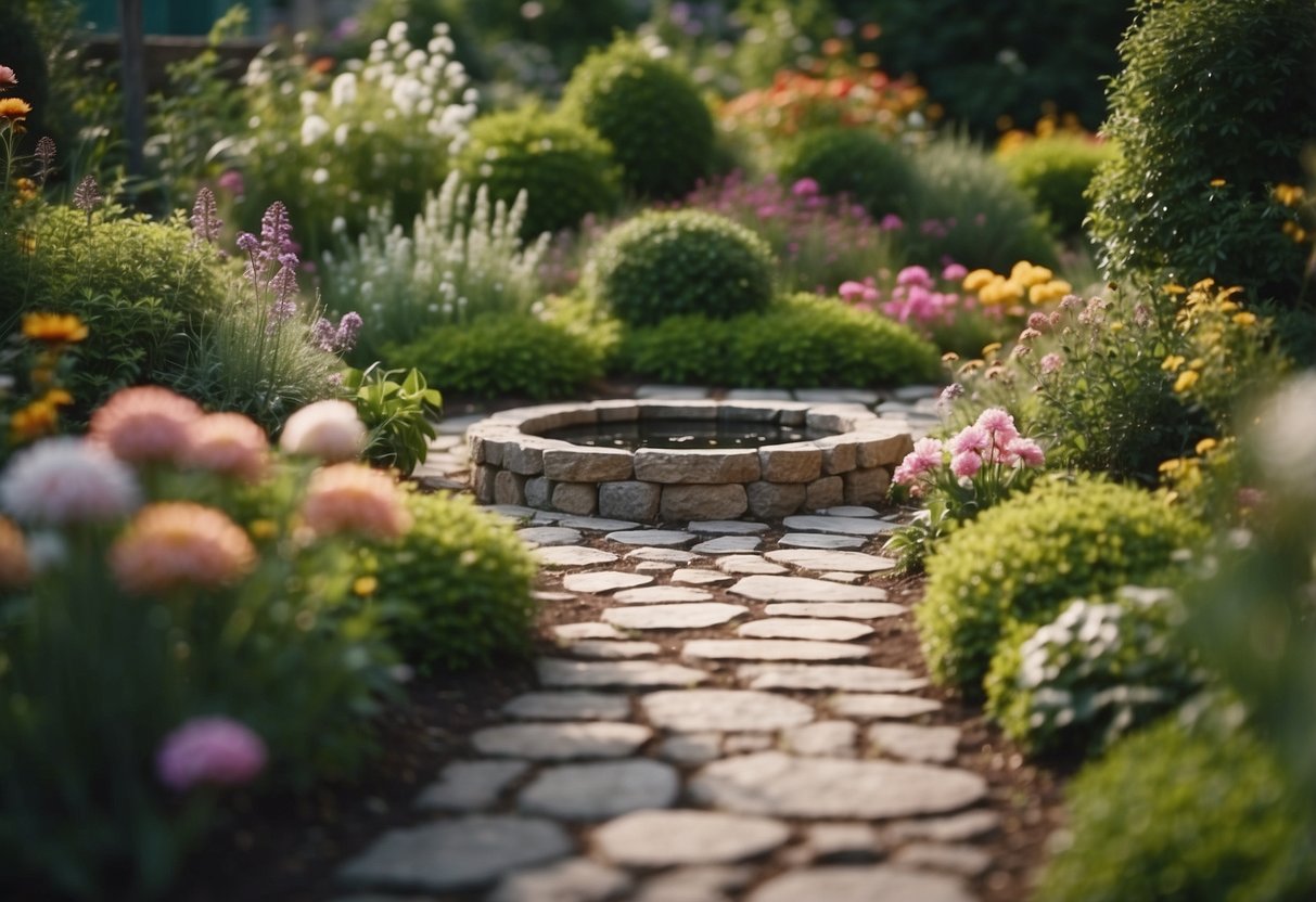 A cozy backyard garden with colorful flowers, a winding stone path, and a small mirror nestled among the greenery