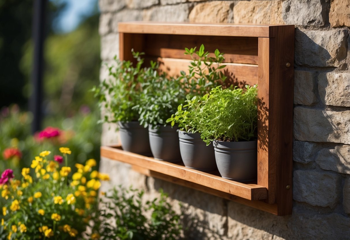 A wooden vertical herb planter hangs on a sunny wall, filled with aromatic plants and cascading greenery. Minnesota garden in the background